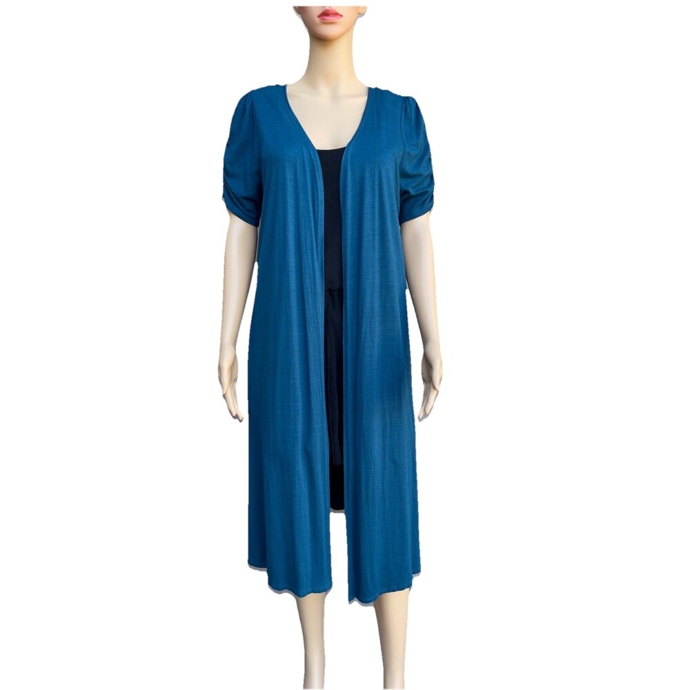 00 Torrid Duster Fit N Flare Ruched Short Sleeve Sweater Blue Longline
